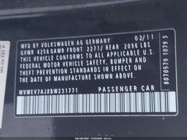 2011 VOLKSWAGEN GTI WVWEV7AJXBW231771 Photo 8