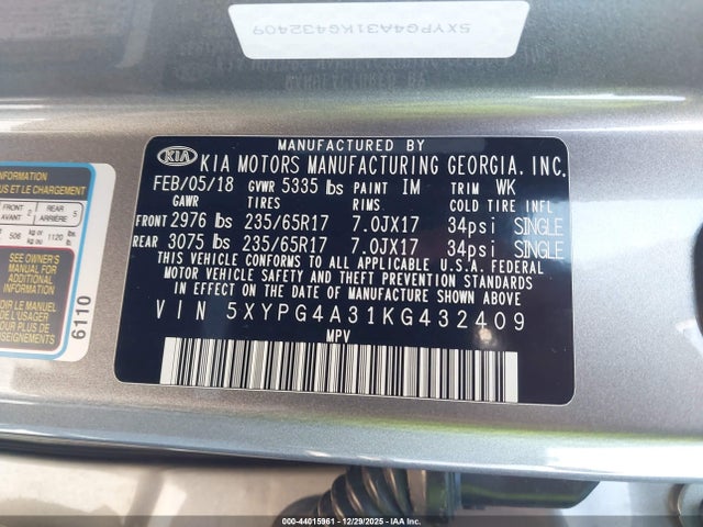 5XYPG4A31KG432409 KIA Sorento 2.4l Lx