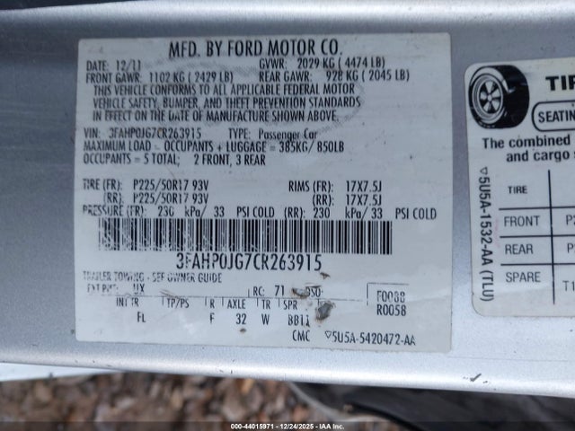 2012 FORD FUSION 3FAHP0JG7CR263915 Photo 8