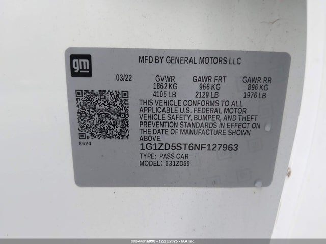 1G1ZD5ST6NF127963 Chevrolet Malibu Fwd Lt