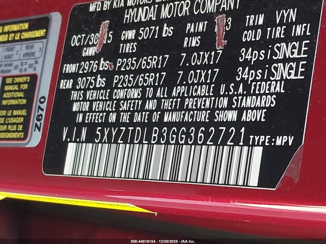 5XYZTDLB3GG362721 Hyundai Santa Fe Sport 2.4l