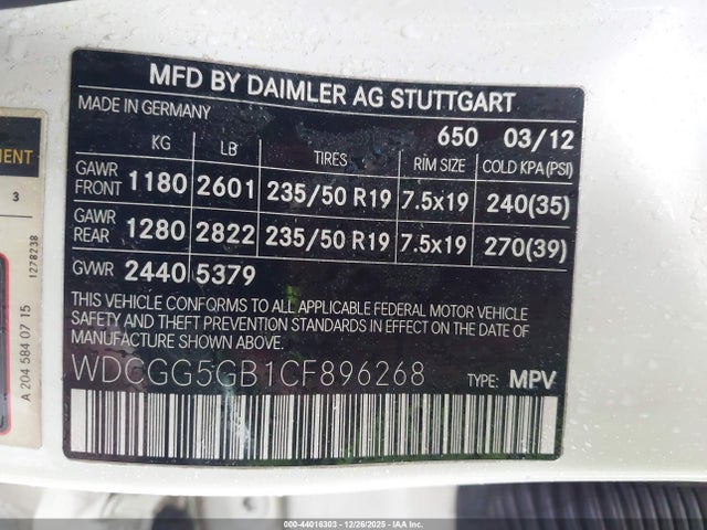 44016303 :رقم المزاد ، WDCGG5GB1CF896268 vin ، 2012 Mercedes-benz Glk 350 مزاد بيع