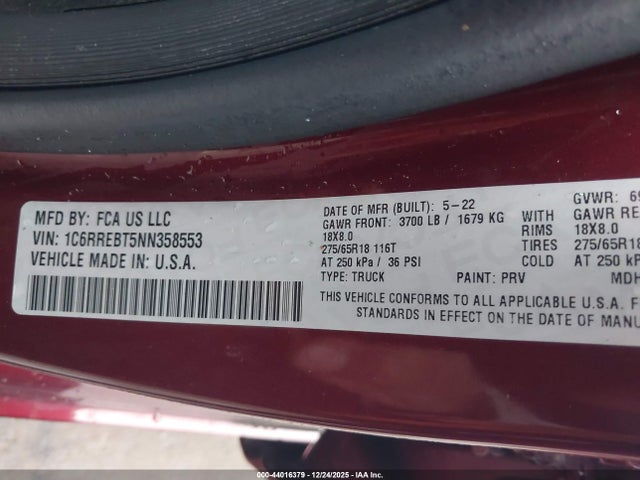 1C6RREBT5NN358553 RAM 1500 Big Horn 4x2 6&#039;4 Box