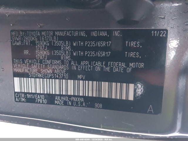 Aukcja sprzedaży 2023 Toyota Sienna Xle, vin: 5TDYRKEC0PS143710, numer aukcji: 44016389