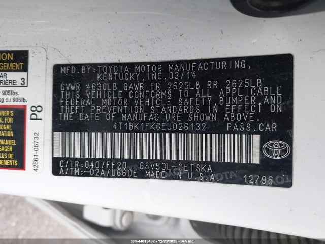 4T1BK1FK6EU026132 Toyota Camry Se V6