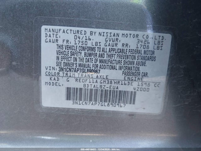 3N1CN7AP7GL890967 Nissan Versa 1.6 Sv