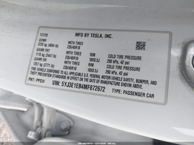 2021 TESLA MODEL 3 5YJ3E1EB4MF872672 Photo 8
