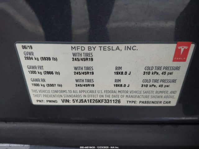 2019 TESLA MODEL S 5YJSA1E26KF331126 Photo 8