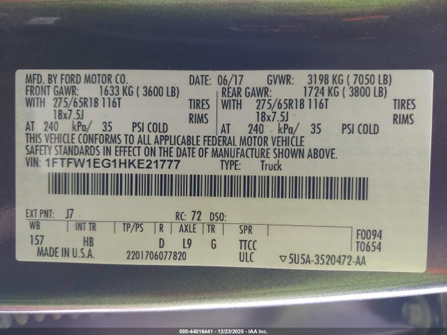 1FTFW1EG1HKE21777 Ford F-150 Lariat