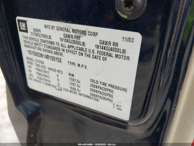 Продаж на аукціоні авто 2004 Cadillac Escalade Standard, vin: 1GYEK63N14R193152, номер лоту: 44016468