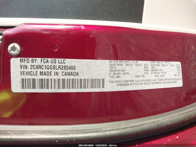 Продаж на аукціоні авто 2020 Chrysler Pacifica Limited, vin: 2C4RC1GG8LR285466, номер лоту: 44016508