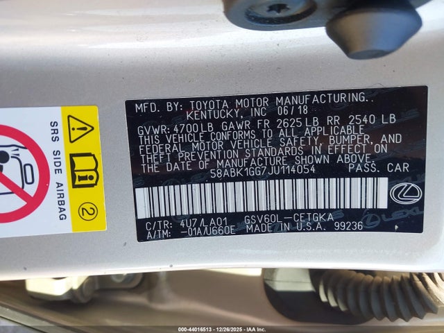 Продажа на аукционе авто 2018 Lexus Es 350, vin: 58ABK1GG7JU114054, номер лота: 44016513