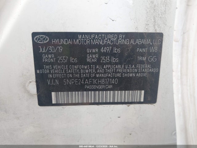 5NPE24AF1KH817140 Hyundai SONATA SE