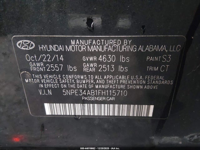Продаж на аукціоні авто 2015 Hyundai Sonata Limited 2.0t, vin: 5NPE34AB1FH115710, номер лоту: 44016662