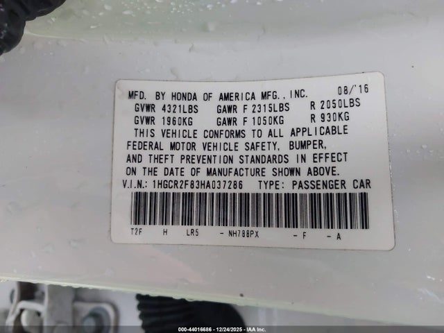 1HGCR2F83HA037286 Honda Accord Ex-l