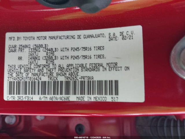Aukcja sprzedaży 2021 Toyota Tacoma Sr, vin: 3TYAX5GN1MT016424, numer aukcji: 44016718