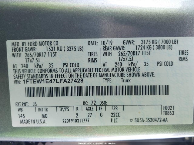 44016742 :رقم المزاد ، 1FTEW1E47LFA27428 vin ، 2020 Ford F-150 Xlt مزاد بيع