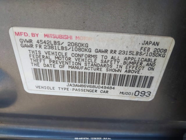 2008 MITSUBISHI LANCER EVOLUTION JA3AW86V68U049484 Photo 8