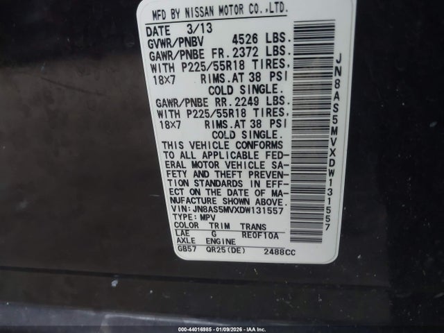 44016985 :رقم المزاد ، JN8AS5MVXDW131557 vin ، 2013 Nissan Rogue Sv W/sl Pkg مزاد بيع