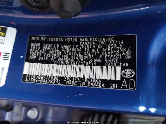 44017119 :رقم المزاد ، 2T1BURHE9FC309711 vin ، 2015 Toyota Corolla S Plus مزاد بيع
