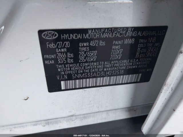 2020 HYUNDAI SANTA FE 5NMS33AD3LH232518 Photo 8