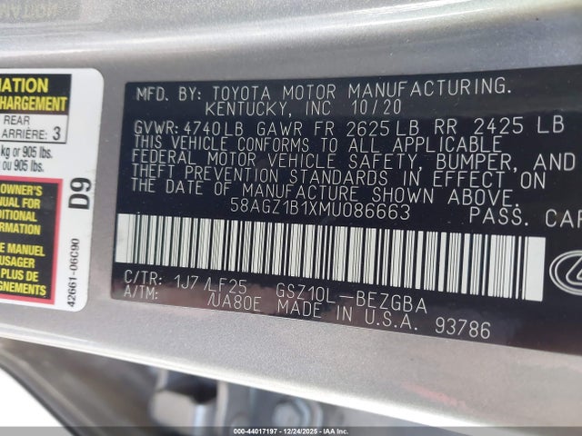 2021 LEXUS ES 350 58AGZ1B1XMU086663 Photo 8