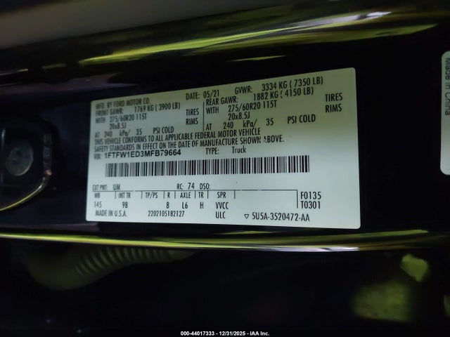 Ford F-150 Platinum 2021 1FTFW1ED3MFB79664 Image 9