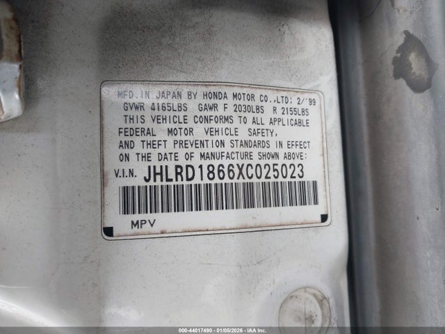 Aukcja sprzedaży 1999 Honda Cr-v Ex, vin: JHLRD1866XC025023, numer aukcji: 44017490