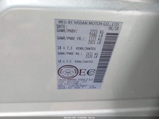 Aukcja sprzedaży 2019 Infiniti Qx60 Luxe/pure, vin: 5N1DL0MM9KC505232, numer aukcji: 44017538
