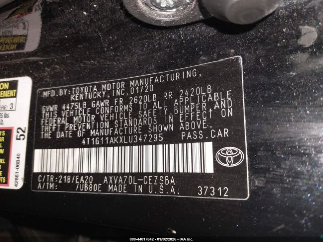 2020 TOYOTA CAMRY 4T1G11AKXLU347295 Photo 8
