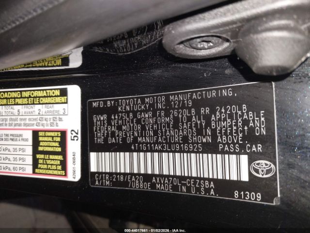 2020 TOYOTA CAMRY 4T1G11AK3LU916925 Photo 8