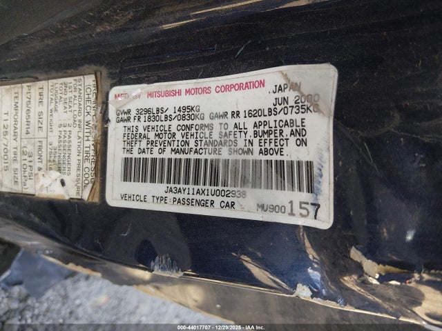 Aukcja sprzedaży 2001 Mitsubishi Mirage De, vin: JA3AY11AX1U002938, numer aukcji: 44017707