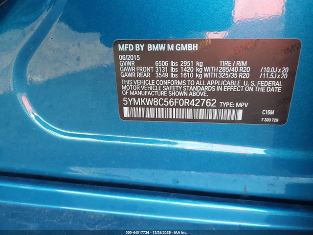 2015 Bmw X6 M მანქანა იყიდება აუქციონზე, vin: 5YMKW8C56F0R42762, აუქციონის ნომერი: 44017734