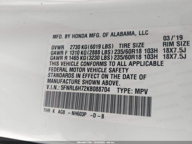 44017790 :رقم المزاد ، 5FNRL6H72KB088704 vin ، 2019 Honda Odyssey Ex-l مزاد بيع