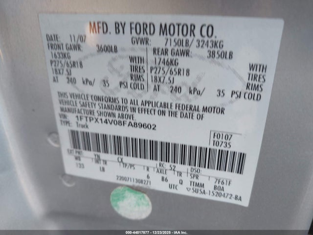 44017877 :رقم المزاد ، 1FTPX14V08FA89602 vin ، 2008 Ford F-150 Fx4/lariat/xl/xlt مزاد بيع