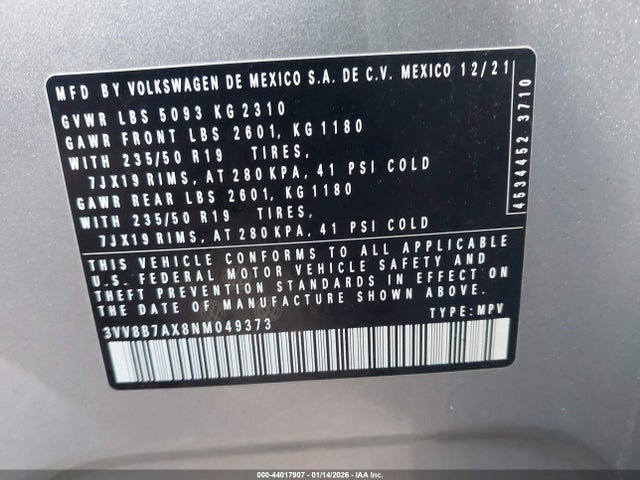 3VV8B7AX8NM049373 Volkswagen Tiguan 2.0t Se R-line Black