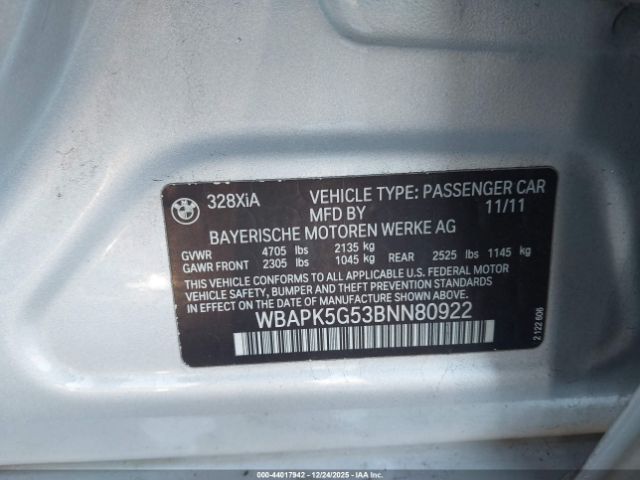2011 BMW 328I WBAPK5G53BNN80922 Photo 8