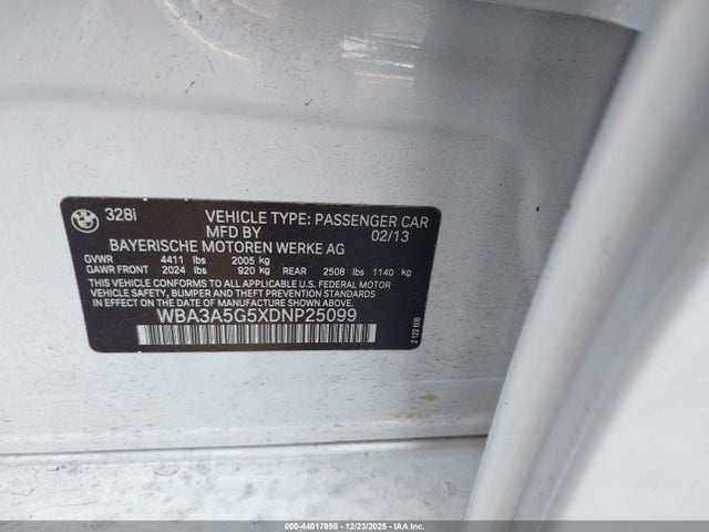 44017998 :رقم المزاد ، WBA3A5G5XDNP25099 vin ، 2013 Bmw 328i مزاد بيع