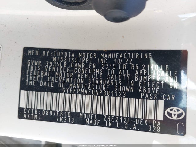 5YFEPMAE0NP381123 Toyota COROLLA LE