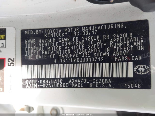 4T1B11HK0JU013712 Toyota CAMRY XLE