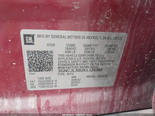 Продаж на аукціоні авто 2019 Chevrolet Trax Lt, vin: 3GNCJLSB2KL125363, номер лоту: 44018270