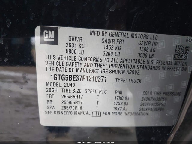 44018284 :رقم المزاد ، 1GTG5BE37F1210371 vin ، 2015 Gmc Canyon Sle مزاد بيع