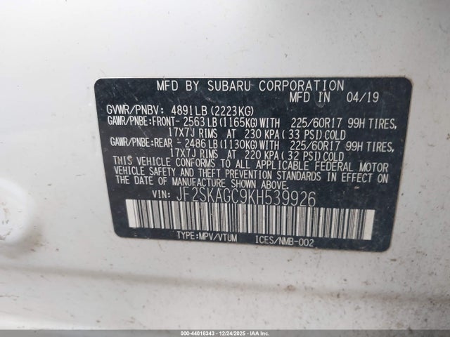Subaru Forester Premium 2019 JF2SKAGC9KH539926 Image 9