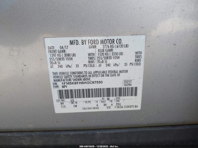 1FM5K8FH6HGC87550 Ford Explorer Limited