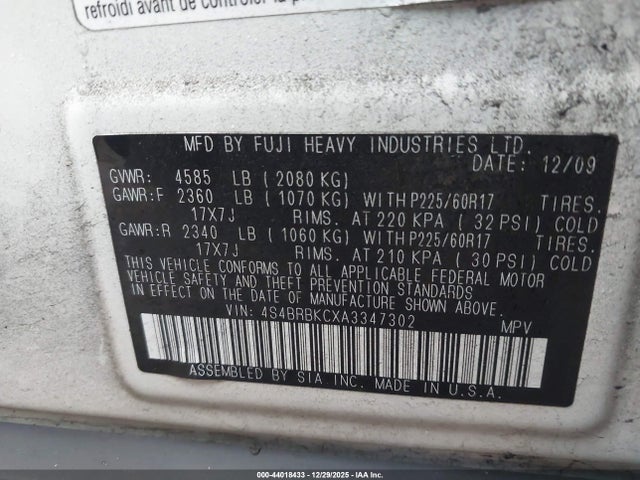 Aukcja sprzedaży 2010 Subaru Outback 2.5i Limited, vin: 4S4BRBKCXA3347302, numer aukcji: 44018433