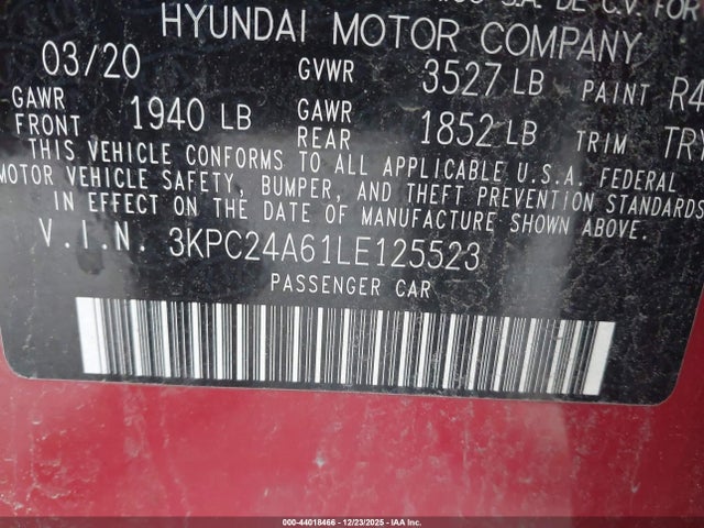 Продаж на аукціоні авто 2020 Hyundai Accent Se, vin: 3KPC24A61LE125523, номер лоту: 44018466
