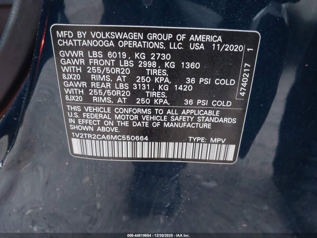 1V2TR2CA6MC550664 Volkswagen Atlas 3.6l V6 Sel Premium