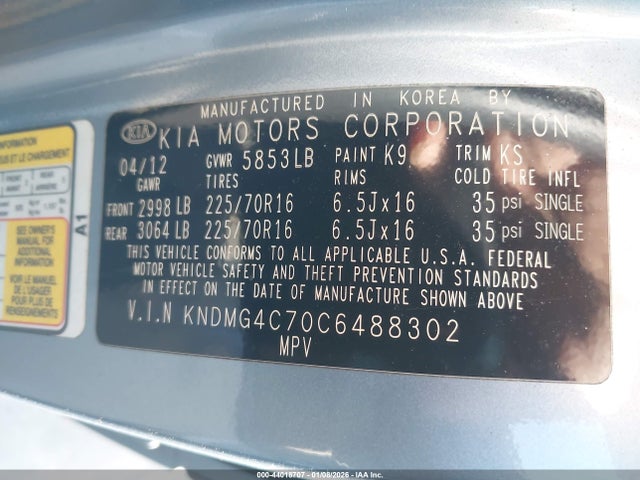 2012 KIA SEDONA KNDMG4C70C6488302 Photo 8