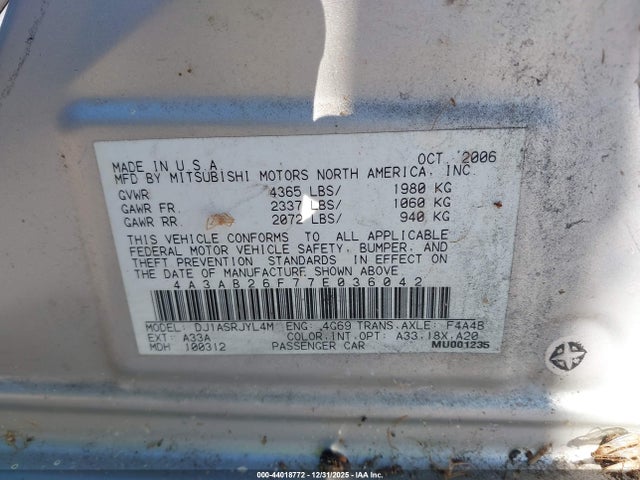 2007 MITSUBISHI GALANT 4A3AB26F77E036042 Photo 8