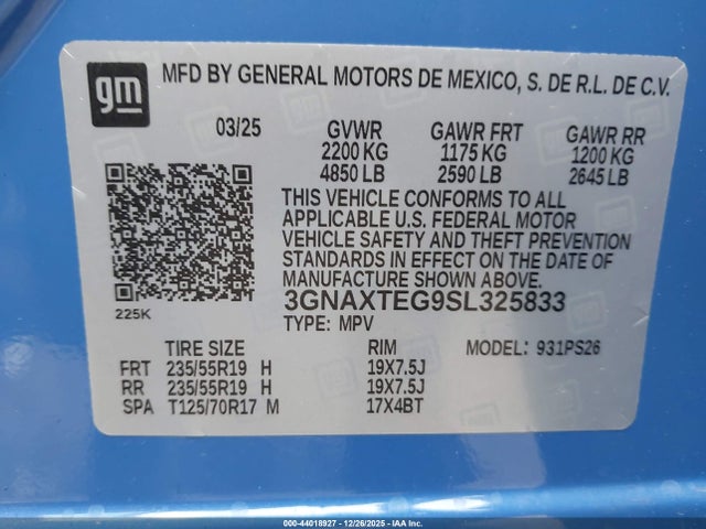 Продажа на аукционе авто 2025 Chevrolet Equinox Awd Rs, vin: 3GNAXTEG9SL325833, номер лота: 44018927